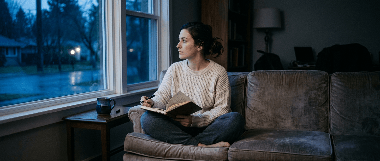 A woman on a worn couch by a window in pre-dawn blue light, journal open, looking out the window
